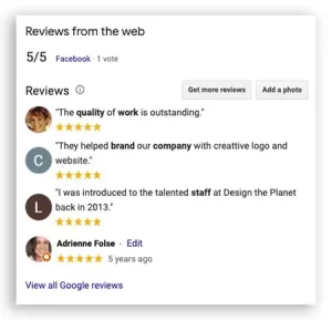 digital marketing reviews screenshot of design the planet reviews on Google my business